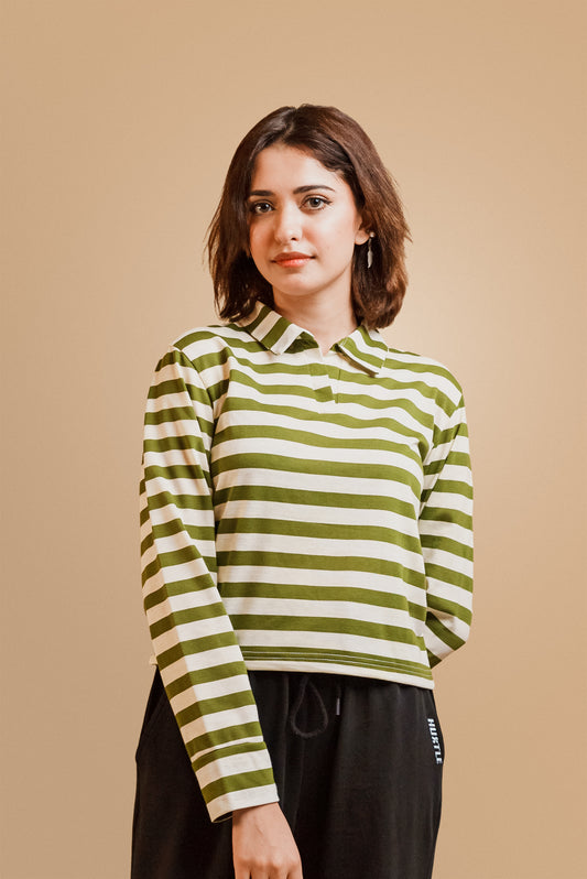 Green & White Stripes Women Polo