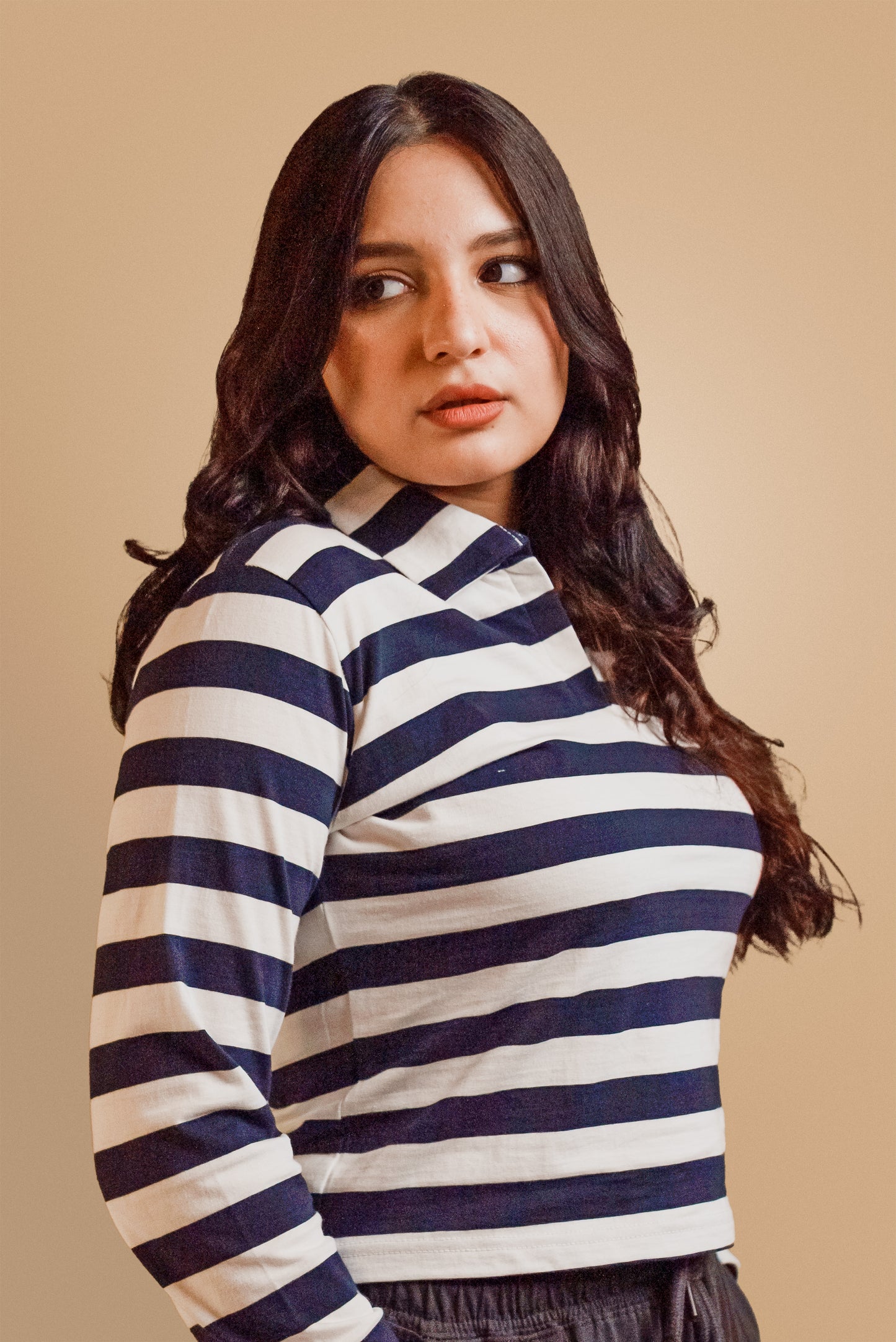 Navy Blue & White Stripes Women Polo