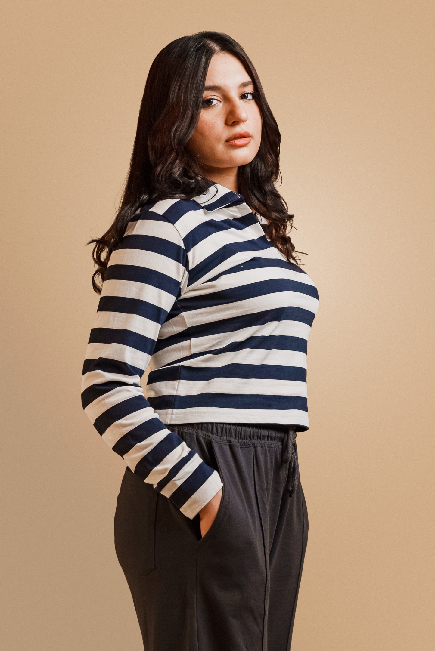 Navy Blue & White Stripes Women Polo