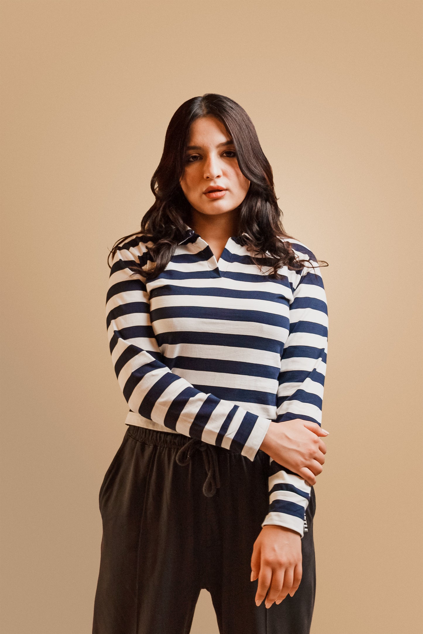 Navy Blue & White Stripes Women Polo