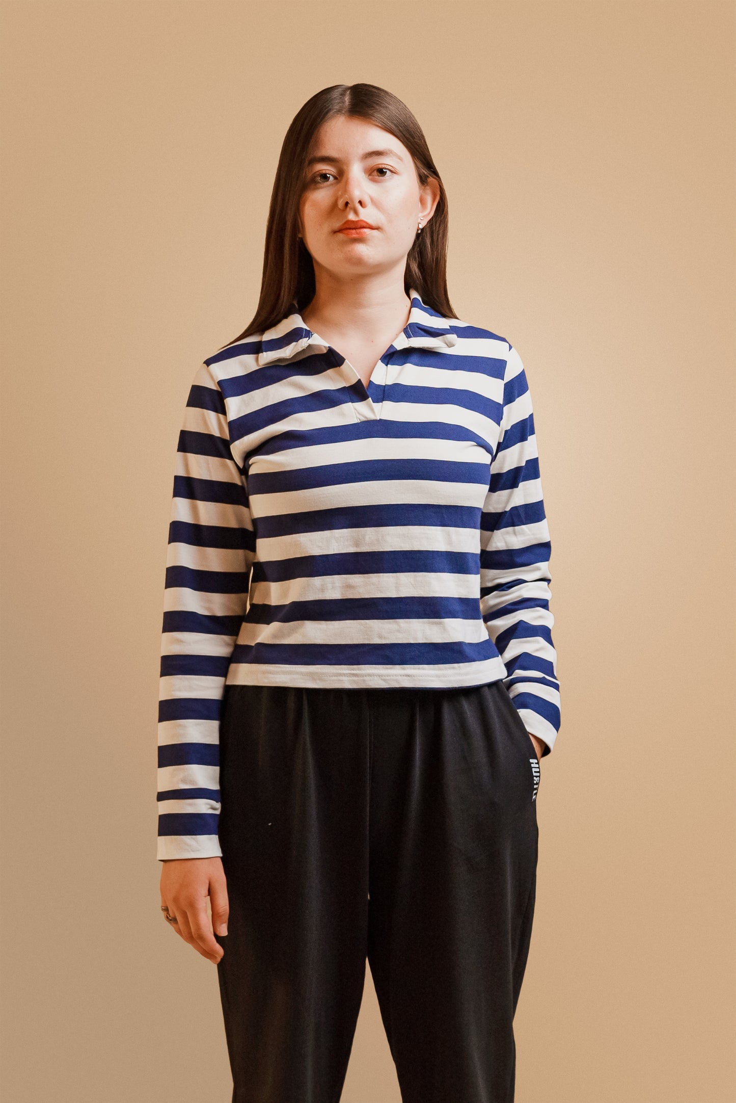 Navy Blue & White Stripes Women Polo