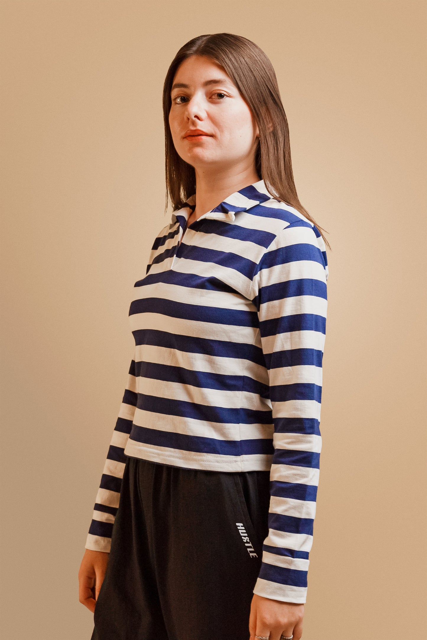 Navy Blue & White Stripes Women Polo