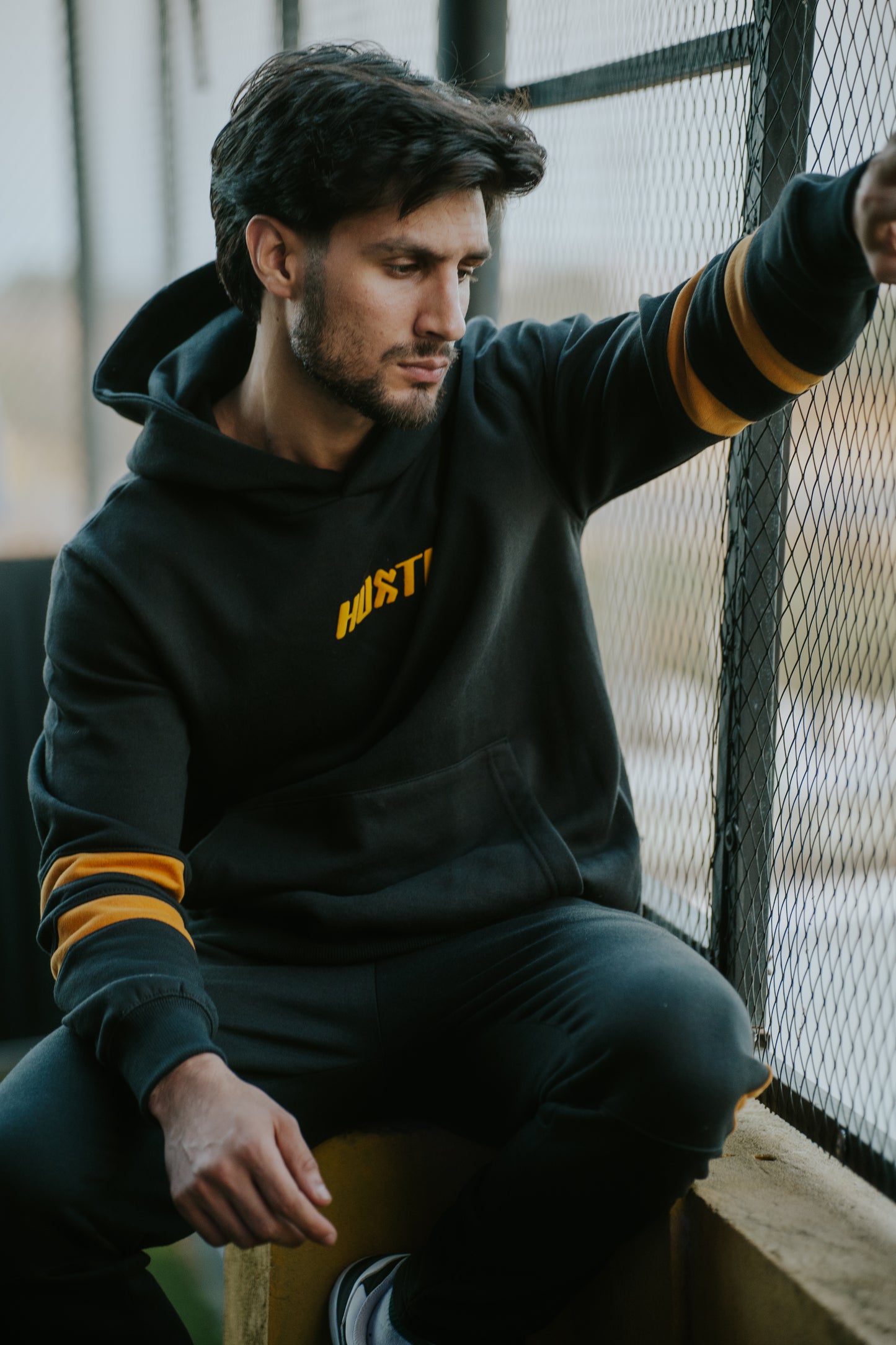 Black Hoodie with Mustard Stripes