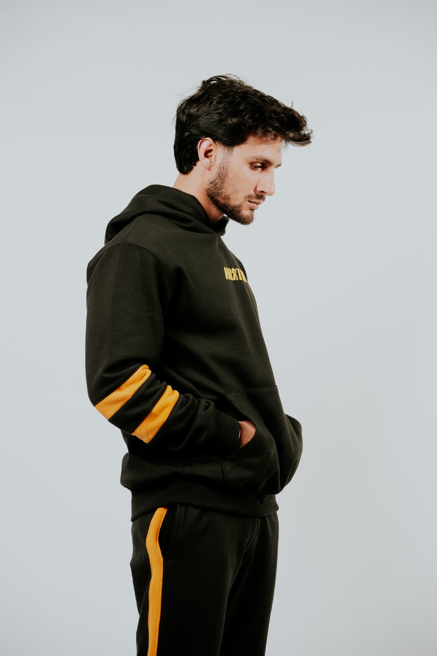 Black Hoodie with Mustard Stripes