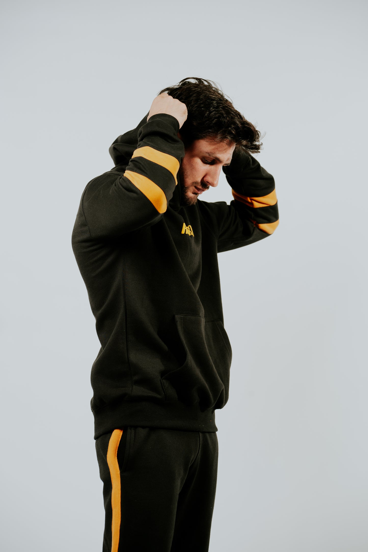 Black Hoodie with Mustard Stripes