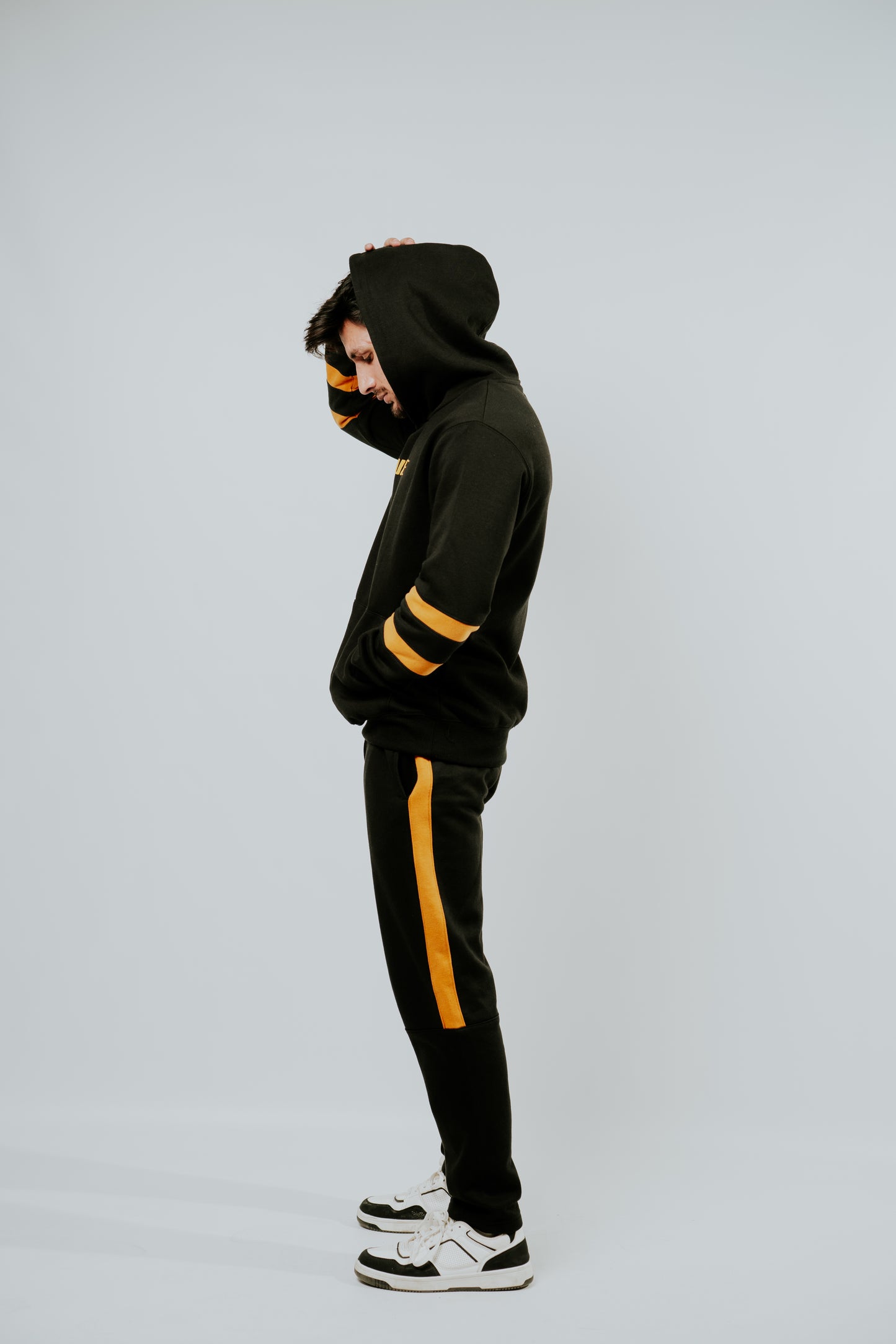 Black Hoodie with Mustard Stripes