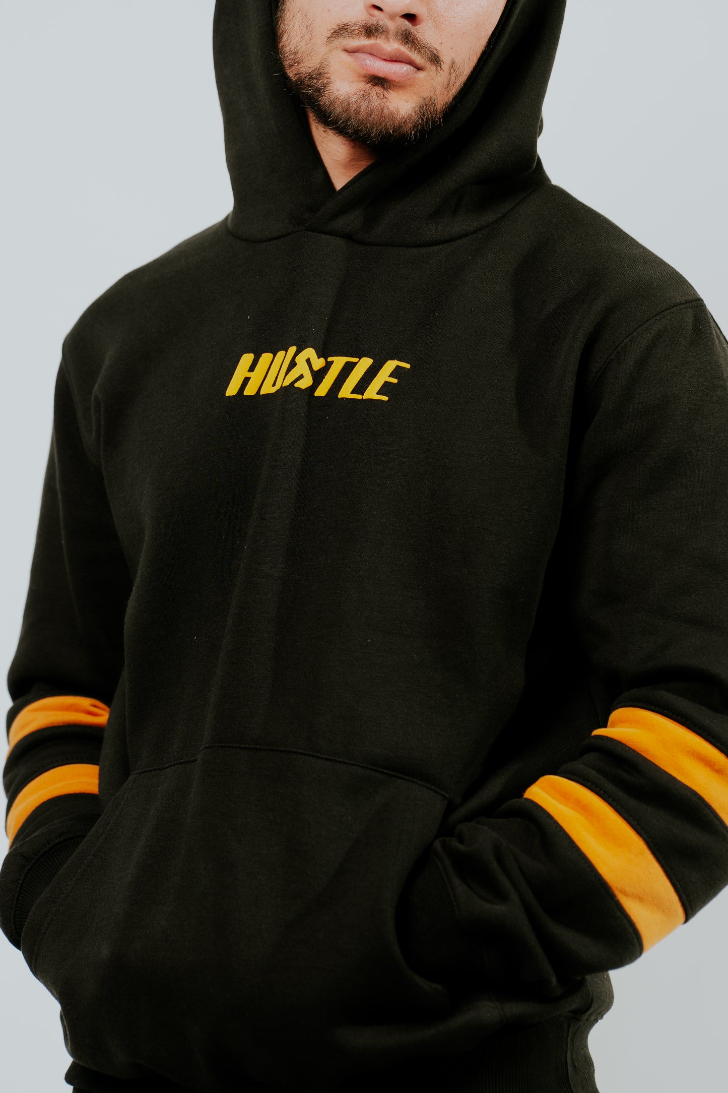 Black Hoodie with Mustard Stripes